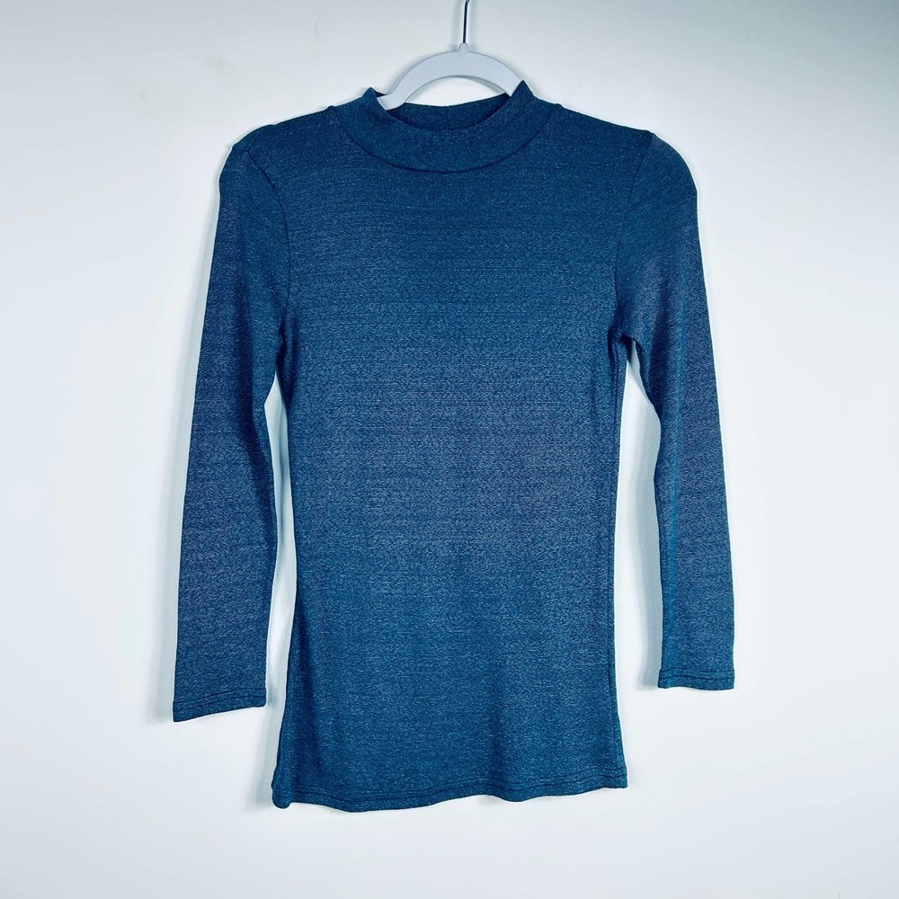 Michael Stars Teal Blue Shimmery Mock Neck Long Sleeved Tee One Size